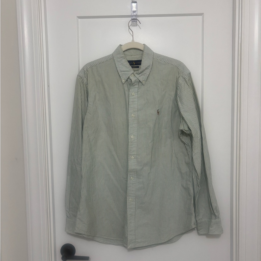 Ralph Lauren Light Green and White Striped Button-Down Shirt